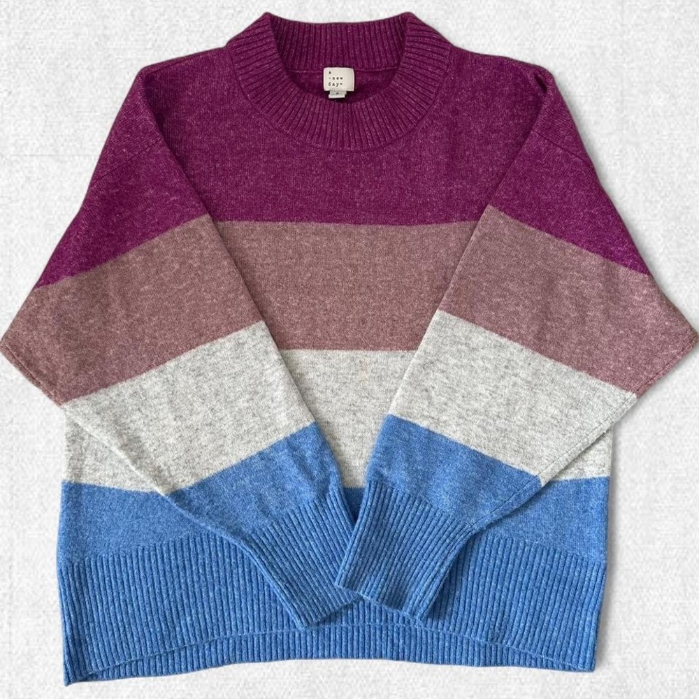 A‎ New Day Womens Colorblock Striped Crew Neck Knit Sweater Magenta Blue